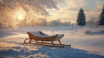 Snow Covered Sled at Sunrise Winter Wonderland photo
