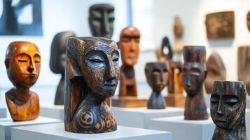Intricate Wooden Sculptures Of Human Heads Displayed In A Gallery photo