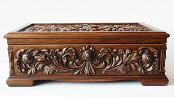 Intricately Carved Wooden Box With Decorative Accents photo
