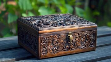 Intricately Carved Wooden Box With Floral Design photo