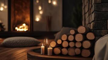 Cozy Fireplace Setting With Candles And Wood Logs photo