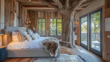 Rustic Treehouse Bedroom With Large Windows And Cozy Bed photo
