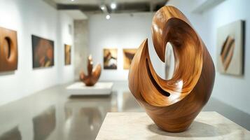 Abstract Wooden Sculpture in Modern Art Gallery photo