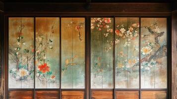 Painted Shoji Screen Depicting Blossoming Branches And Flowers photo