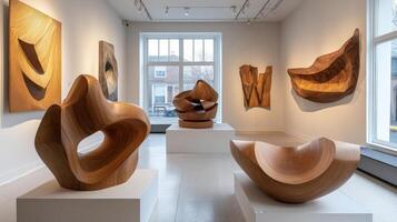 Modern Wooden Sculptures Gallery Exhibit photo