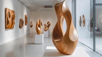 Modern Wooden Sculptures in Gallery Setting photo
