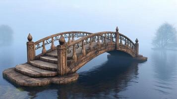 Ornate Wooden Bridge Spanning Calm Misty Water photo