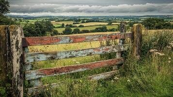 Rustic Weathered Fence Overlooks Rolling Green Hills photo