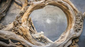 Intricate Driftwood Frame Encircles Oval Mirror Reflection photo