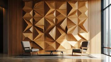 Modern Interior Design Featuring Geometric Wooden Wall photo