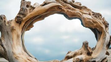 Driftwood Framed Circular Mirror Reflecting Sky photo