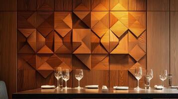 Geometric Wooden Wall With Wine Glasses Set For Dinner photo