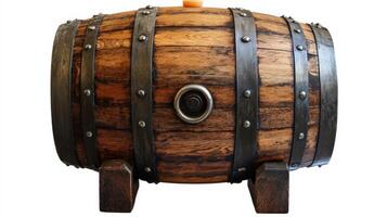 Wooden Barrel With Metal Bands And Wooden Stand photo