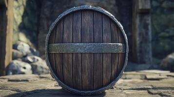 Wooden Shield with Metal Band Rests on Stone photo