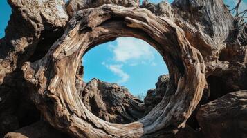 Weathered wood forms a circular frame showcasing a blue sky photo