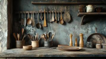 Rustic Kitchen Utensils and Vintage Cookware Displayed photo