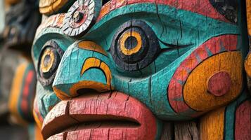 A Colorful Carved Totem Pole Face Detail photo