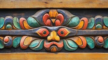 Colorful Wooden Carving Depicting A Grotesque Face And Floral Designs photo