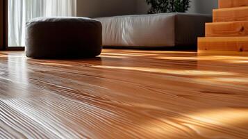 Sunlit Wooden Floor With Grey Pouf And White Bench photo