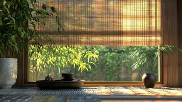Serene Window Scene With Tea Set And Plants photo