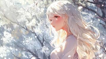 Blonde Anime Girl Amidst Blossoming Cherry Trees photo