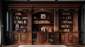Elegant Dark Wood Bookcase With Ornate Details photo