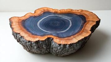 A striking blue dyed tree cross section reveals intricate growth rings photo