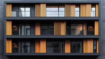 Modern Apartment Building With Wooden Accents And Balconies photo