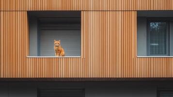 Ginger Cat Sits on Modern Wooden Balcony photo
