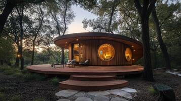 Modern Wooden Round House In A Forest Setting photo