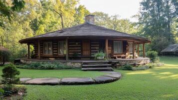 Round Log Cabin Home nestled in a wooded area photo