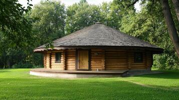 Round Wooden Cabin Nestled in a Lush Green Forest photo