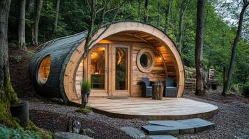 Wooden Cabin Nestled In A Lush Forest Setting photo