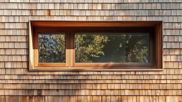 Wooden window framed in wood on a wood shingle wall photo