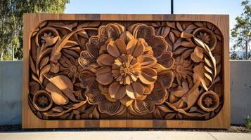 Intricate Wooden Floral Panel Carving Art photo