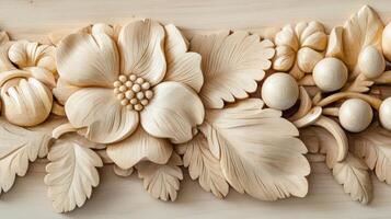 Intricate Wooden Floral Carving Featuring Leaves and Berries photo