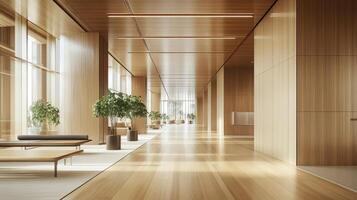 Modern minimalist office hallway with wooden walls and floors photo