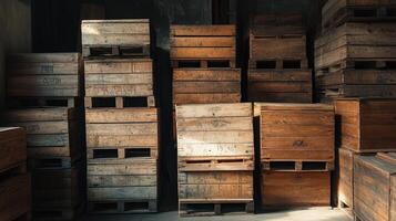 Stacked Wooden Crates In A Dark Storage Room photo