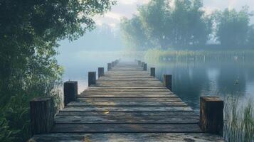 Wooden Dock Extending Over Misty Lake Water photo