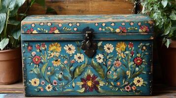 Hand Painted Floral Wooden Decorative Storage Chest photo