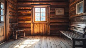 Rustic Wooden Cabin Interior With Seating And Window photo