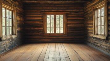 Rustic Log Cabin Interior With Wooden Walls and Floors photo