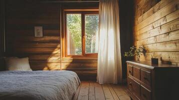 Sunlit Rustic Bedroom With Wooden Walls And Bed photo