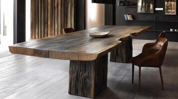 Rustic Wooden Dining Table With Leather Chairs photo