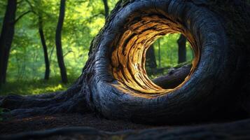 Glowing Forest Tree Trunk Hole Illuminates Woods photo