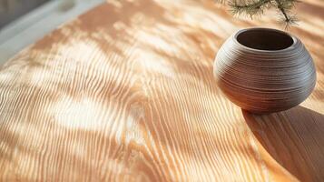 Wooden Tabletop With Ceramic Pot And Plant Branch photo