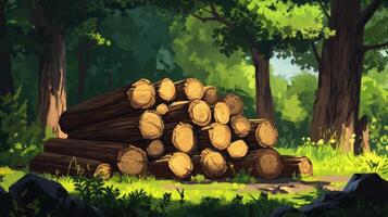 A Stack of Logs Rests in a Sunny Forest Clearing photo