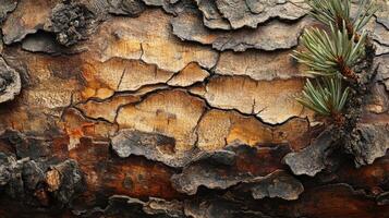 Textured Tree Bark With Young Pine Sprig photo
