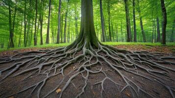 The roots of a tree in a forest photo
