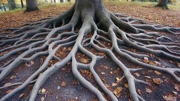 Exposed Tree Roots Amongst Autumn Leaves photo